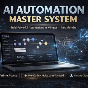 Puede incluir: Una computadora portátil muestra la interfaz "AI AUTOMATION MASTER SYSTEM". La pantalla muestra un diagrama de flujo de trabajo y datos. El texto incluye "Build Powerful Automations in Minutes - Not Months", "Lifetime Access", "No-Code" y "Instant Digital Access".