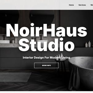 May include: A grayscale image of a modern bathroom with a large oval bathtub and a dark vanity. The text "NoirHaus Studio" is displayed prominently, along with "Interior Design For Modern Living". A "More Info" button is also visible.
