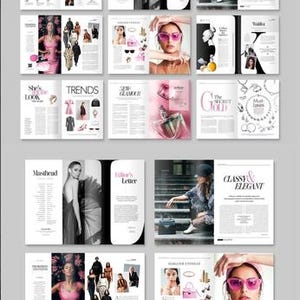 May include: A collection of fashion magazine layouts featuring cover pages with the title FASHION and Jane Linton, interior spreads with articles, photography of models, clothing, accessories, perfume bottles, and text headers like Contents.