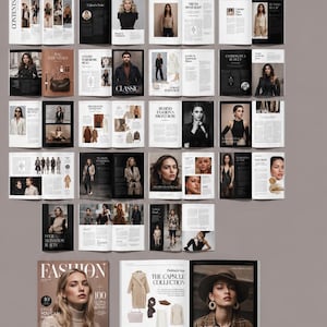 Può includere: Una raccolta di layout di riviste di moda con vari articoli, copertine e reportage. Le pagine mostrano fotografie di modelli in diversi outfit, titoli di testo come Fashion, Casual Style e Classic, e layout basati su griglie.