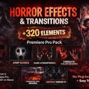 Peut inclure: Image promotionnelle pour un pack Premiere Pro avec des effets et transitions d'horreur. L'image comprend un crâne, une figure fantomatique et un visage de zombie. Le texte comprend "Horror Effects & Transitions" et "+320 Elements."