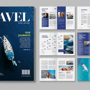 May include: A travel magazine cover and spread. The cover features the word "TRAVEL" in white, with a sailboat on blue water. The spread includes articles with photos and the text "MEET OUR TEAM" and "TAKE YOUR FAMILY TOGETHER". The magazine is dated July 2020.