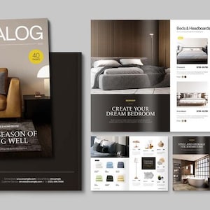 May include: A catalog with a yellow spine and the word "CATALOG" in white. The cover features a brown leather sofa with pillows, a lamp, and the text "A NEW SEASON OF LIVING WELL." Interior pages showcase bedroom and bathroom furniture.