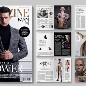 May include: Magazine cover with the title "MAN" and the text "29+ LUXE DESIGNER". The cover features a man in a black turtleneck and a gray plaid blazer. The magazine also includes articles on fashion and interviews.