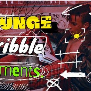 May include: Image featuring the words "GRUNGE" in yellow and "Scribble elements" in white and green, with a person in a leather jacket and plaid shirt. The image has a grunge aesthetic with various doodle-like elements.