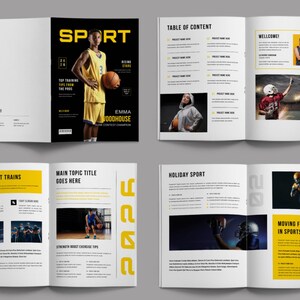 May include: A magazine spread with a black and yellow cover featuring a basketball player. Inside pages showcase sports-related content, including articles, photos, and the text "SPORT", "2026", "YOUR FIGHT TRAINS", and "MOVING FORWARD IN SPORTS".