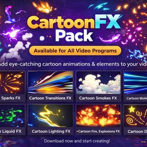 Peut inclure: Image promotionnelle pour le pack CartoonFX, présentant des éléments d'animation de dessins animés. L'image affiche divers effets tels que des étincelles, des transitions, de la fumée et des effets liquides. Le texte comprend "CartoonFX Pack" et "Available for All Video Programs."