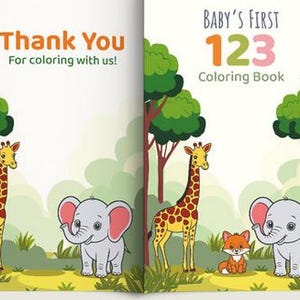 Peut inclure: Couverture de livre de coloriage pour enfants avec une girafe, un éléphant et un renard dans une forêt. Le livre s'intitule "Baby's First 123 Coloring Book" et contient le texte "Thank You For coloring with us!"