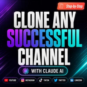 May include: A promotional graphic with the text "CLONE ANY SUCCESSFUL CHANNEL" in white and gradient colors. The text "WITH CLAUDE AI" is also present. Social media icons for YouTube, Instagram, TikTok, Twitter, and LinkedIn are at the bottom.