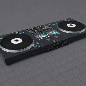 May include: A black DJ mixer with two turntables, silver rims, and a central control panel with colorful buttons. The mixer has a rectangular shape and is set against a gray background.