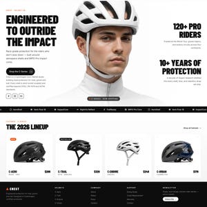 Könnte beinhalten: Website mit Crest Helmen. Das Hauptbild zeigt einen weißen Helm auf einem Model, mit Text, der den Aufprallschutz und die 'C-Serie' hervorhebt. Darunter werden vier Helmmodelle angezeigt, darunter C-Aero, C-Trail, C-Endure und C-Urban, mit Preisen.