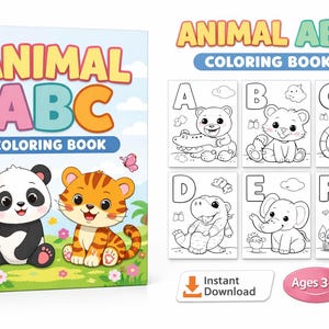 Peut inclure: Un livre de coloriage pour enfants intitulé "ANIMAL ABC COLORING BOOK" avec une illustration de panda et de tigre sur la couverture. Le livre présente des illustrations d'animaux pour chaque lettre de l'alphabet. Comprend un bouton de téléchargement et un cercle rose avec l'inscription "Ages 3-6".