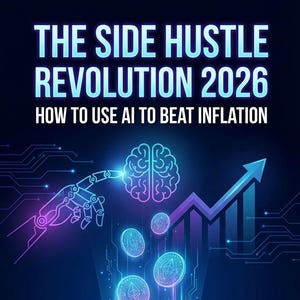 Puede incluir: Ilustración digital con el texto "THE SIDE HUSTLE REVOLUTION 2026" y "HOW TO USE AI TO BEAT INFLATION". La imagen presenta una mano robótica, un cerebro, monedas de criptomoneda y un gráfico ascendente, todo en colores neón.