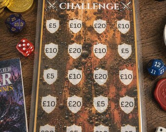 Tarjeta de desafío de ahorro para fondos de batalla de juegos de guerra / Rastreador de presupuesto para juegos de rol de fantasía / Inserto para carpeta A6