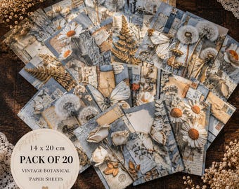Paquete de papel para álbum de recortes botánico hecho a mano y personalizado / Juego de hojas de scrapbooking con efímeras vintage (20 unidades)