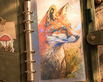 Carpeta A6 con sobres para rellenar dinero / Presupuesto original estilo Fox Cottagecore / Accesorios para agenda con temática de bosque holográfico