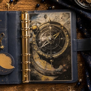 Op de afbeelding: Een marineblauwe planner met lederen omslag en een goudkleurig metalen ringbandmechanisme met zes ringen. De binnenpagina toont een gedetailleerde vintage-stijl illustratie van een navigatiekompas met gouden en zwarte hemeltekens.