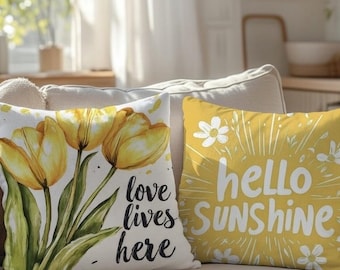 Yellow Tulip & Bicycle Floral Pillow Covers - Set of 4 Farmhouse Spring Decor Cushion Covers