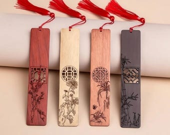 Hand-Carved Wooden Bookmarks, Plum Orchid Bamboo Chrysanthemum Motifs, Tasselled Book Lover Gifts
