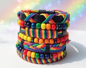 Pride Bracelet Stack, Rainbow Beaded PU Leather, Adjustable LGBTQ+ Jewelry