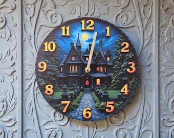 Gothic Haunted House Wall Clock, Silent Quartz Movement, Spooky Home Decor