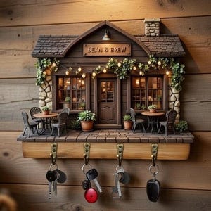 May include: A decorative wooden key holder shaped like a miniature cafe, featuring the text "BEAN & BREW". The key holder has a brown roof, stone accents, and four brass hooks for keys. It includes small tables and chairs, and potted plants.