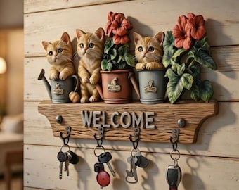Whimsical Cat Garden Key Holder – Wooden Wall Organizer with Metal Hooks