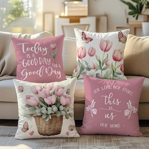 Rosa tulpan örngott set, blommiga kuddfodral, vårinredning