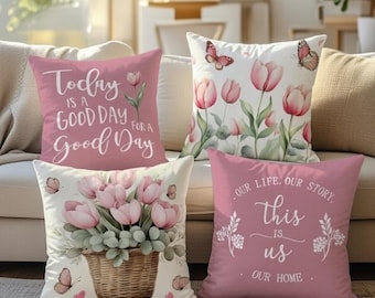 Pink Tulip Pillowcase Set, Floral Cushion Covers, Spring Home Decor