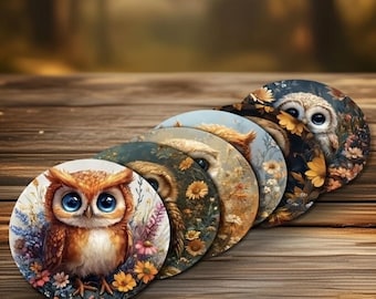 Owl Pattern Wooden Coaster Set – Rustic Woodland Decor, Set of 6