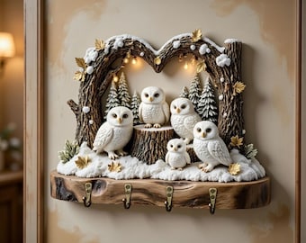 Snowy Owl Wooden Key Holder – Rustic Winter Home Decor