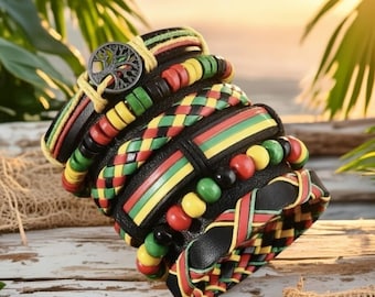 Handmade Faux Leather Jamaican Bracelet Set, Stacking Wristbands