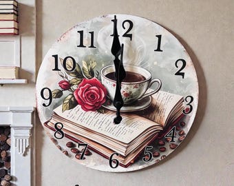 Vintage Book and Coffee Wooden Wall Clock, Rustic Kitchen Decor (25cm x 25cm)