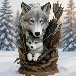 Könnte beinhalten: Eine detaillierte Skulptur eines Wolfes und eines Jungtieres mit einem Köcher voller Pfeile. Der Wolf und das Jungtier sind grau und weiß, mit gelben Augen. Die Skulptur befindet sich vor einer verschneiten Waldkulisse mit Kiefern im Hintergrund.