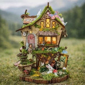 Peut inclure: Une maison de fées miniature avec un toit recouvert de mousse, ornée de papillons et de fleurs. La structure en bois comprend une porte en forme de cœur, une horloge et une petite figurine de fée. La maison est entourée de plantes miniatures, de champignons et d'un lapin blanc.