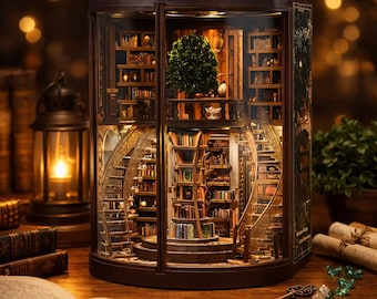 Kit de rincón de lectura con anillos de sabiduría de madera: inserto de estantería en miniatura 3D DIY, decoración de sujetalibros de madera, regalo para lectores