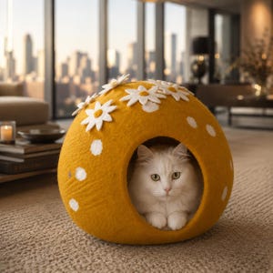 May include: A spherical, mustard yellow felt cat cave featuring white felt daisy appliques on the top and white circular felt spots on the sides. A fluffy white cat is resting inside the circular opening of this soft, rounded pet bed.