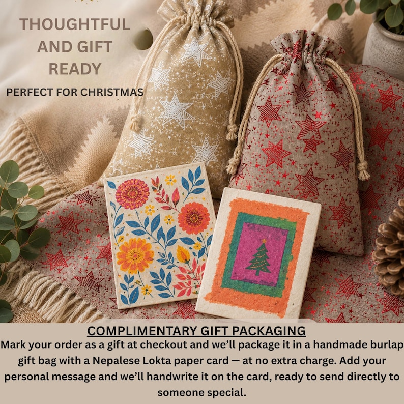 May include: Two drawstring burlap bags featuring star patterns in white and red, accompanied by two rectangular cards. One card displays a colorful floral illustration, while the other features a green Christmas tree on a textured background.