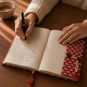 May include: An open journal with textured off-white pages featuring handwritten text, bound in a red fabric cover with a white floral pattern. The cover includes a wrap-around flap secured by two dark buttons and white cord, plus a red fabric bookmark.