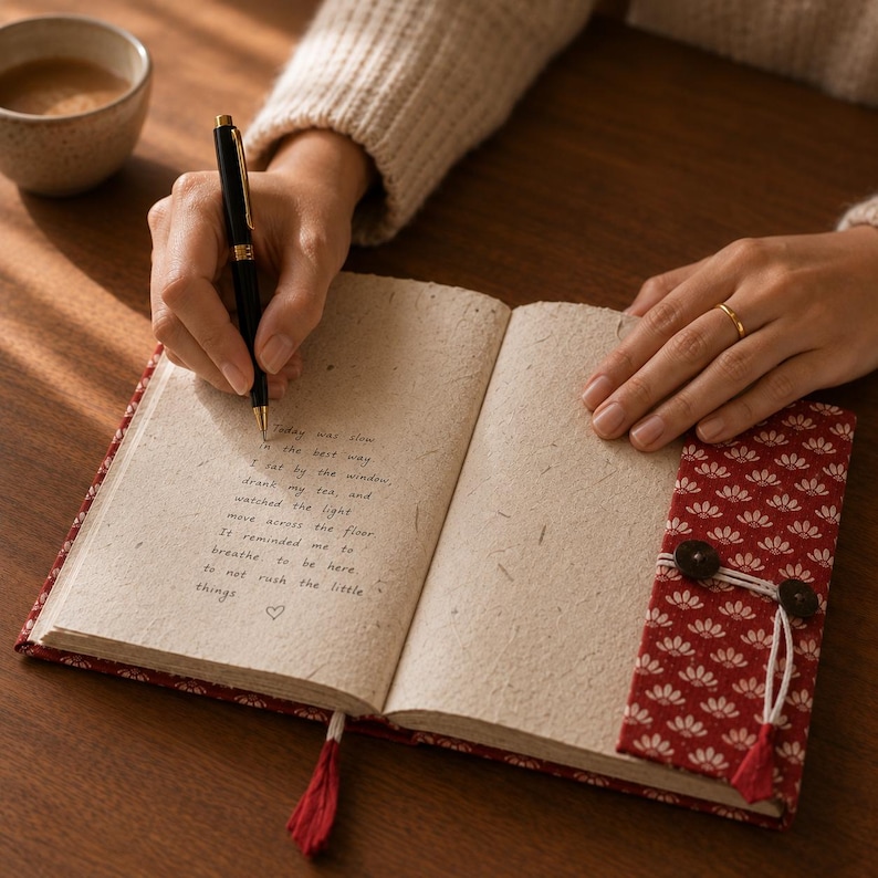 May include: An open journal with textured off-white pages featuring handwritten text, bound in a red fabric cover with a white floral pattern. The cover includes a wrap-around flap secured by two dark buttons and white cord, plus a red fabric bookmark.