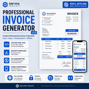 May include: A digital professional invoice generator toolkit featuring a blue and white interface. The display shows a sample invoice document and a mobile phone screen with the same invoice layout, alongside text detailing features like offline use.