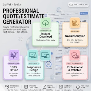 May include: A digital toolkit interface titled GM Virk - Toolkit Professional Quote/Estimate Generator. It features colorful icons and text boxes detailing features like Instant Download, No Subscription, 100% Offline, Responsive Design, and Trust & Compliance.