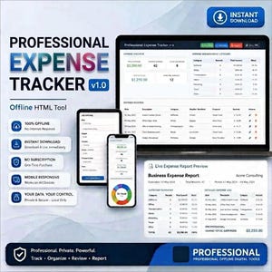 May include: A digital professional expense tracker tool displayed on a laptop, a tablet, and a smartphone. The interface shows expense records, category breakdowns, and a business expense report. Text includes Professional Expense Tracker v1.0.