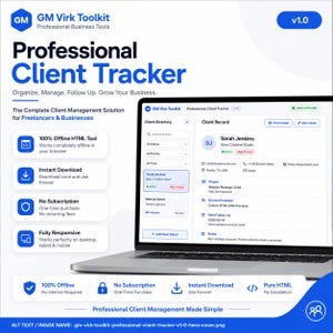 May include: A digital product display for the GM Virk Toolkit Professional Client Tracker v1.0, featuring a laptop screen showing a client directory and record interface with blue and white branding, listing features like offline access and no subscription.