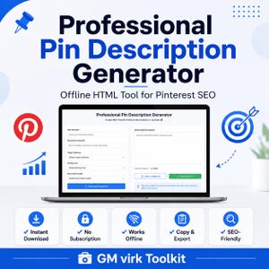 May include: A laptop displaying a Professional Pin Description Generator interface with input fields for keywords, target audience, and writing tone. The graphic includes icons for Pinterest, a target, and growth charts, with text reading GM virk Toolkit.