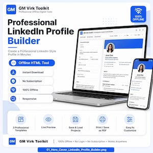 Può includere: Il GM Virk Toolkit Professional LinkedIn Profile Builder è uno strumento HTML offline per creare profili professionali. Mostra un computer portatile e uno smartphone con un modello di profilo che include dati personali e una foto.