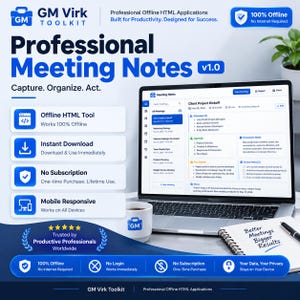 以下が含まれることがあります： GM Virk Toolkit Professional Meeting Notes v1.0ソフトウェアのデジタルマーケティング画像。画像には、会議管理インターフェースを表示するノートパソコンの画面、ブランドロゴ入りのマグカップ、および「Better Meetings Bigger Results」というテキストが書かれたノートが表示されています。
