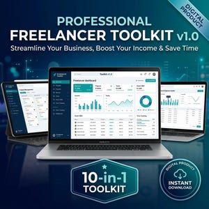 May include: A digital Professional Freelancer Toolkit v1.0 displayed on a laptop and tablet screens, featuring a dashboard with project management, income charts, and task tracking. The graphic includes the text 10-in-1 Toolkit and Digital Product.