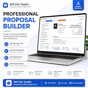 May include: A silver laptop displaying the GM Virk Toolkit Professional Proposal Builder interface. The screen shows project details, client information, and a proposal summary. Text includes 'Professional Proposal Builder' and 'Instant Download'.