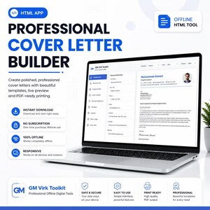 May include: A laptop displaying a professional cover letter builder interface with a resume template. The screen shows personal information, job title, and contact details. Text includes Professional Cover Letter Builder, Offline HTML Tool, and GM Virk Toolkit.